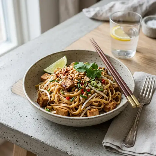 ベジタリアン パッタイ、米粉麺と厚揚げ、もやしにライムを添えた盛り付け