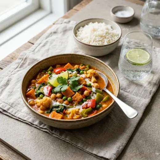 ベジタリアンカレー、ご飯に野菜のカレーをかけた一皿