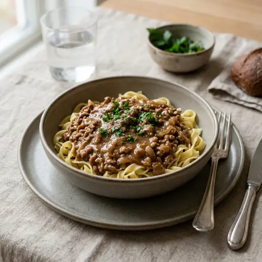 豚ひき肉のグレービーソース煮、とろみのある茶色いソースがひき肉に絡んだ一皿
