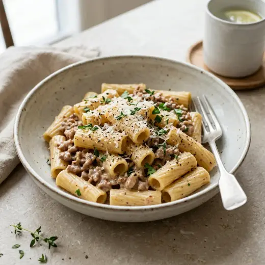 豚ひき肉とクリームのパスタ、白い皿にクリームソースが絡んだ2人分