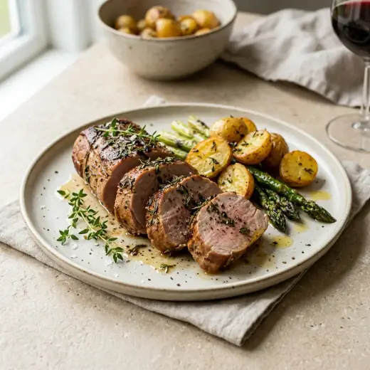 豚ヒレ肉のタイム添え、タイムをのせた厚切りのヒレ肉のソテー