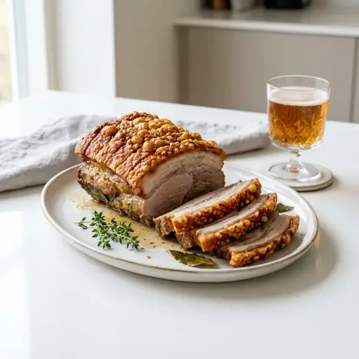 豚リブローストのオーブン焼き、切り分けた断面と玉ねぎが見える一皿