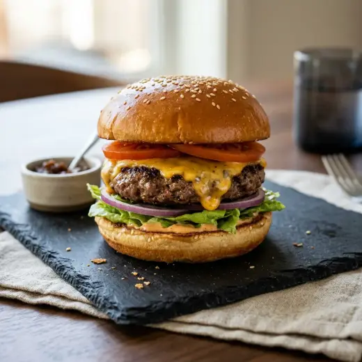 チーズバーガー、チーズがとろりと溶けたパティと野菜をバンズにはさんだ様子