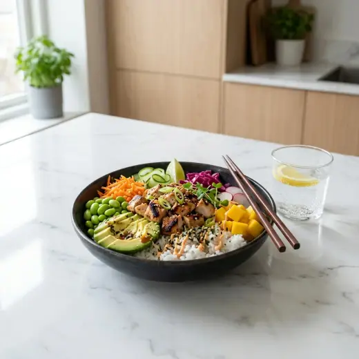 チキンのポキ丼、ご飯に鶏肉とアボカド、ミニトマトをのせた丼