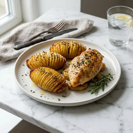 チキンとハッセルバックポテト添え。皮がきつね色の鶏もも肉と、切れ目の入ったじゃがいもを天板にのせたところ