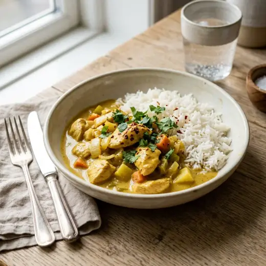 チキンカレー、ご飯にたっぷりかけた鶏肉と野菜のカレー