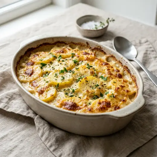 ドーフィノワーズポテトのガーリック添え、こんがり焼き色がついた耐熱皿のじゃがいもグラタン