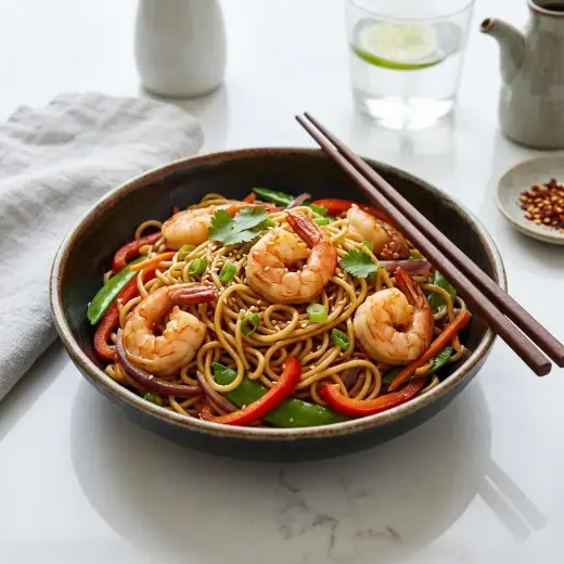 エビ入りアジアンヌードル、エビと野菜を炒めた中華麺を盛りつけた皿