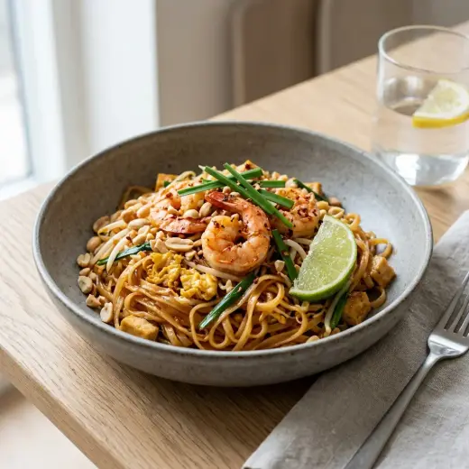 エビ入りパッタイ、エビともやしを炒めた米粉麺を盛りつけた一皿