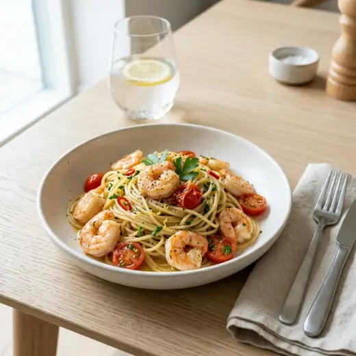 エビのパスタ、パセリを散らした2人分のスパゲッティ