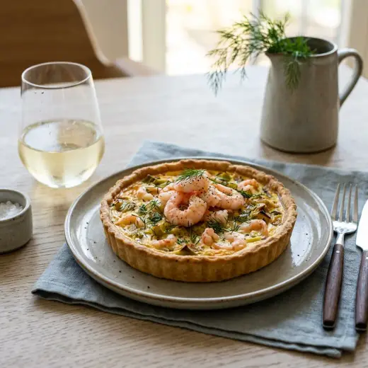 エビとポロネギのキッシュ、パイ生地にエビとポロネギが入った丸型の焼き上がり