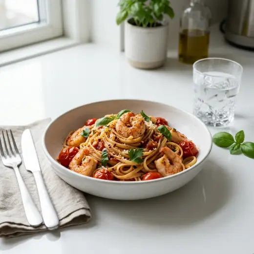 エビとトマトのパスタ、トマトソースにエビが絡んだ2人分のお皿