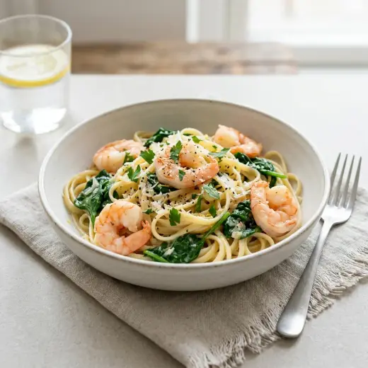 エビとほうれん草のパスタ、えびとほうれん草がパスタに絡んだ盛り付け