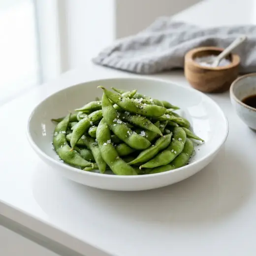 枝豆の塩茹で、鮮やかな緑色のさやを盛り付けたところ