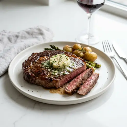 ガーリックバターステーキ、厚切りの牛肉にバターとガーリックチップをのせた一皿