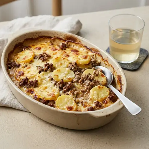 牛肉のオーブン焼き ドーフィノワーズポテト添え、焼き色のついた牛肉とクリーミーなポテトのグラタン