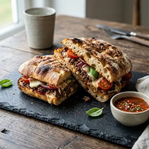 牛肉のピザサンドイッチ、チーズが溶けた焼きたてのサンドイッチ