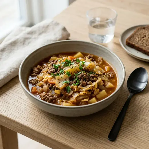 牛肉とキャベツのシチュー、大きめに切ったキャベツとにんじんが入った一皿