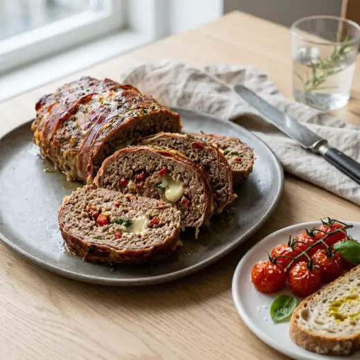 イタリアンミートローフ、ケチャップとチーズをのせて焼き上げた長方形の肉料理