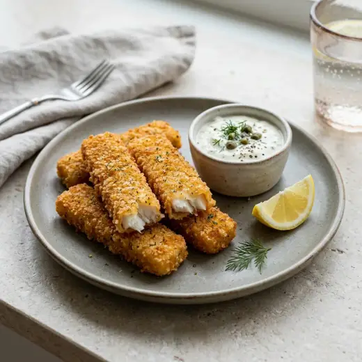 自家製フィッシュスティック、きつね色に揚げ焼きした白身魚のスティックとレモン