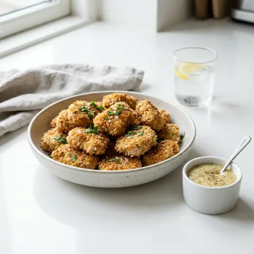 自家製七面鳥ナゲット、きつね色に揚げ焼きにした一口サイズのナゲットを皿に盛った様子