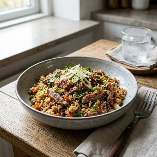 鴨チャーハン、鴨肉とねぎ入りのパラパラのご飯を盛った一皿