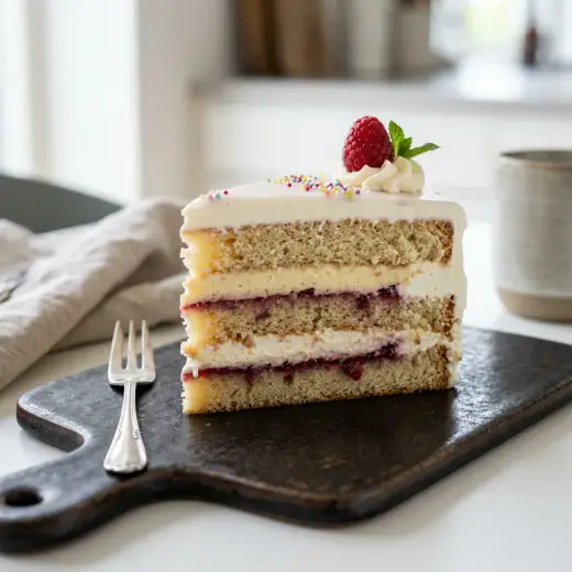 クラシックレイヤーケーキ、生クリームといちごを挟んだ丸いホールケーキ