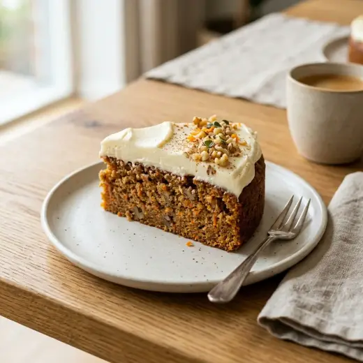 キャロットケーキ クリームチーズフロスティング添え、白いフロスティングをたっぷり塗った丸いケーキ