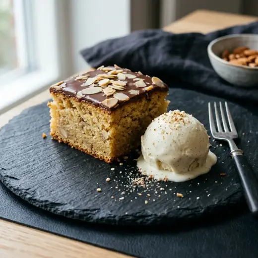 マザランケーキ アイスクリーム添え、切り分けたケーキにバニラアイスと粉糖を添えたところ