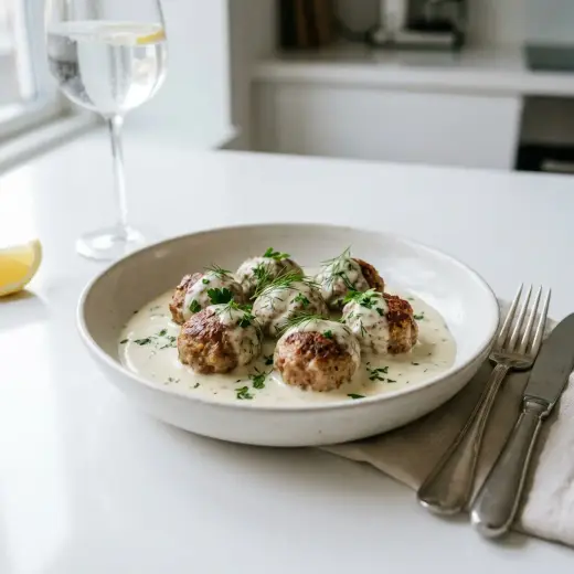 ミートボールのホワイトソース煮、フライパンでクリーム色のソースに煮込まれた肉団子