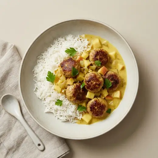 ミートボールのカレーソース煮とライス、ご飯の横にカレーソースのミートボールを盛った一皿