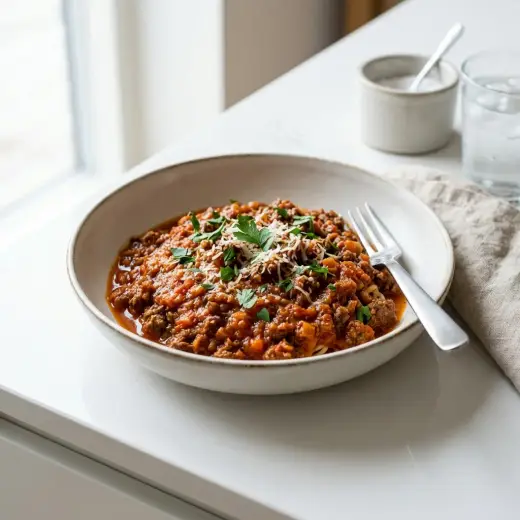 ミートソース、挽き肉と野菜がとろりと煮込まれたトマト色のソース