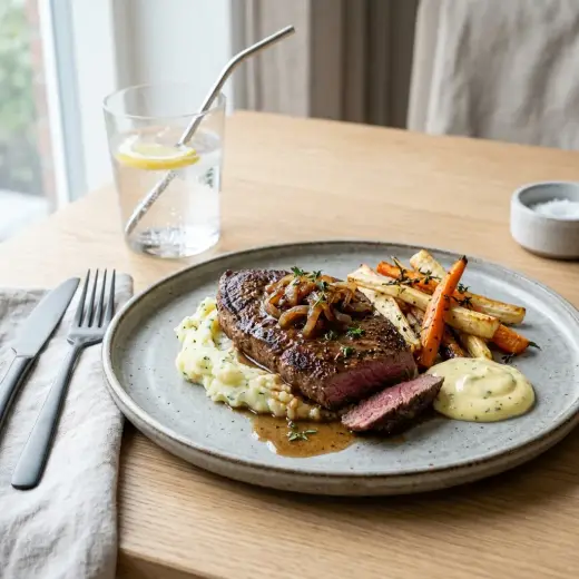 ミニッツステーキ、ガーリックバターの香る薄切り牛肉を皿に盛りつけたところ