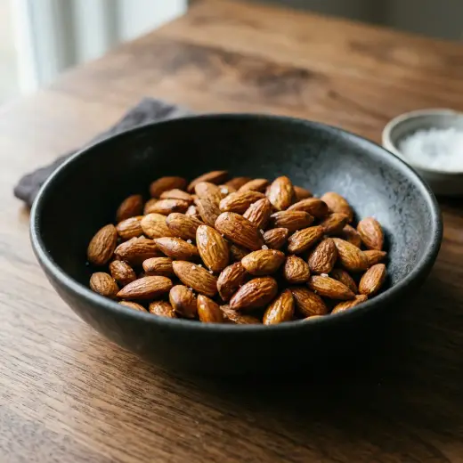 ノンフライヤーで作るアーモンド、香ばしく焼けた塩味のアーモンドを広げたところ