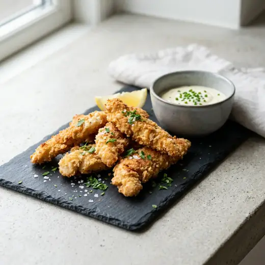 ノンフライヤーで作るチキンストリップ、きつね色に焼けたスティック状の鶏肉