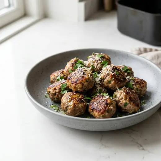 ノンフライヤーで作るミートボール、焼き色のついた一口サイズの肉団子