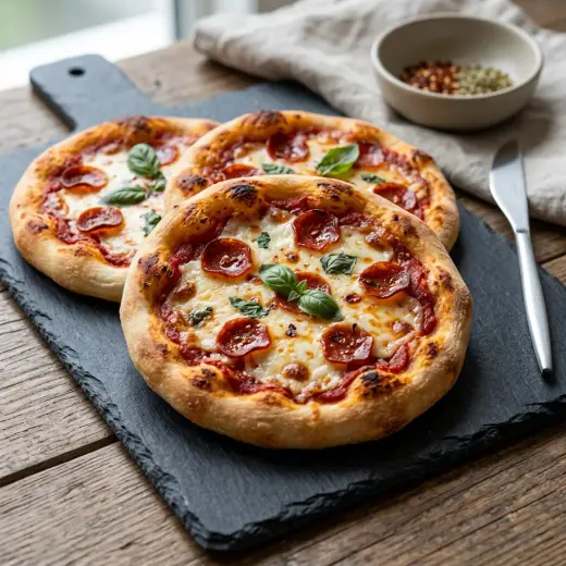 ノンフライヤーで作るミニピザ、チーズが溶けて焼き色のついた小さなピザ