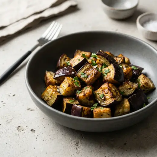 ノンフライヤーで作る茄子、かつお節とおろし生姜をのせた焼き茄子