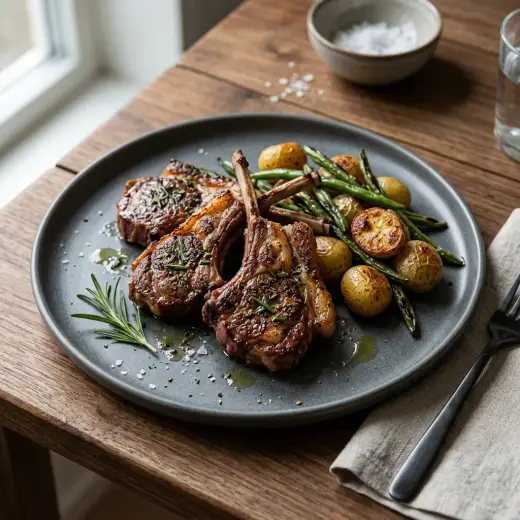 ノンフライヤーで作るラムチョップ、ローズマリーを添えて焼き上げた骨付き肉