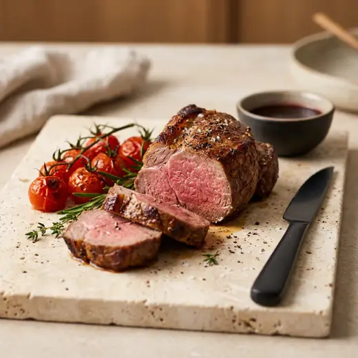 ノンフライヤーで作るラムフィレ肉、ローズマリーを添えて切り分けた断面