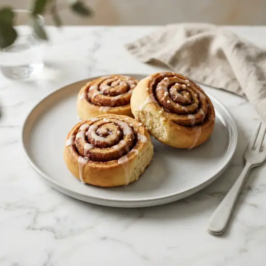 ノンフライヤーで作る冷凍シナモンロール、アイシングをかけた焼きたての2個