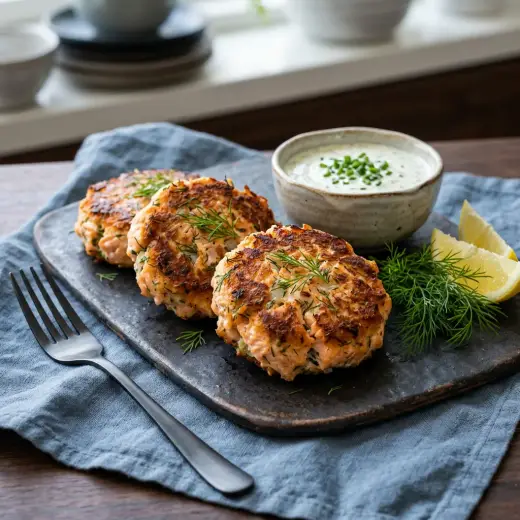 ノンフライヤーで作るサーモンパティ、焼き色のついた丸いパティ