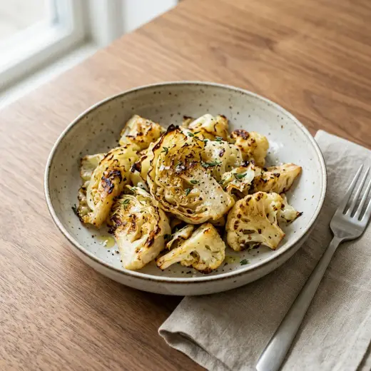 ノンフライヤーで作る白キャベツ、焼き色のついたくし形のキャベツを器に盛ったところ