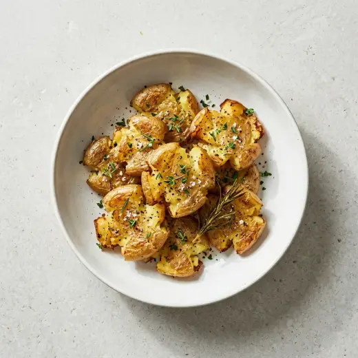 ノンフライヤーで作るスマッシュポテト、平らに潰して焼き色がついたじゃがいも