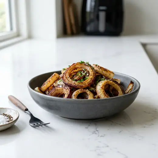 ノンフライヤーで作る玉ねぎ、こんがり焼き色がついたくし形の玉ねぎ