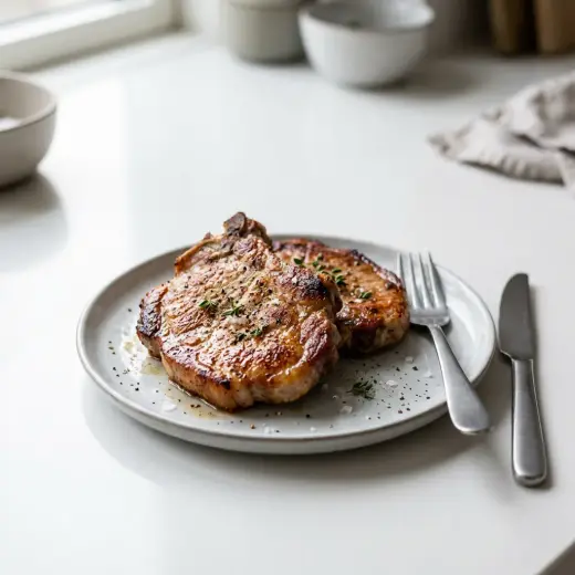 ノンフライヤーで作る豚肩ロースチョップ、こんがり焼き色のついた厚切り2枚