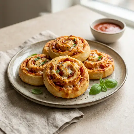ノンフライヤーで作る渦巻きピザパン、チーズとハムの渦が見える焼き上がり
