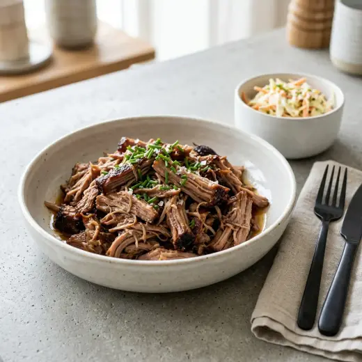 オーブンで作るプルドポーク、ほぐした豚肉にバーベキューソースを絡めたところ