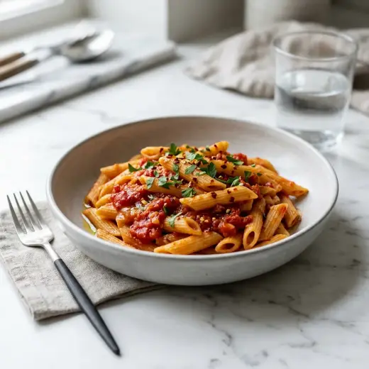 パスタ アラビアータ、赤いトマトソースをからめたパスタにパセリを散らした一皿