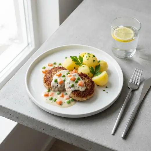 ポークパティのグリーンピースとニンジン添え、グリーンピースとニンジンを添えた焼き色のついたパティ